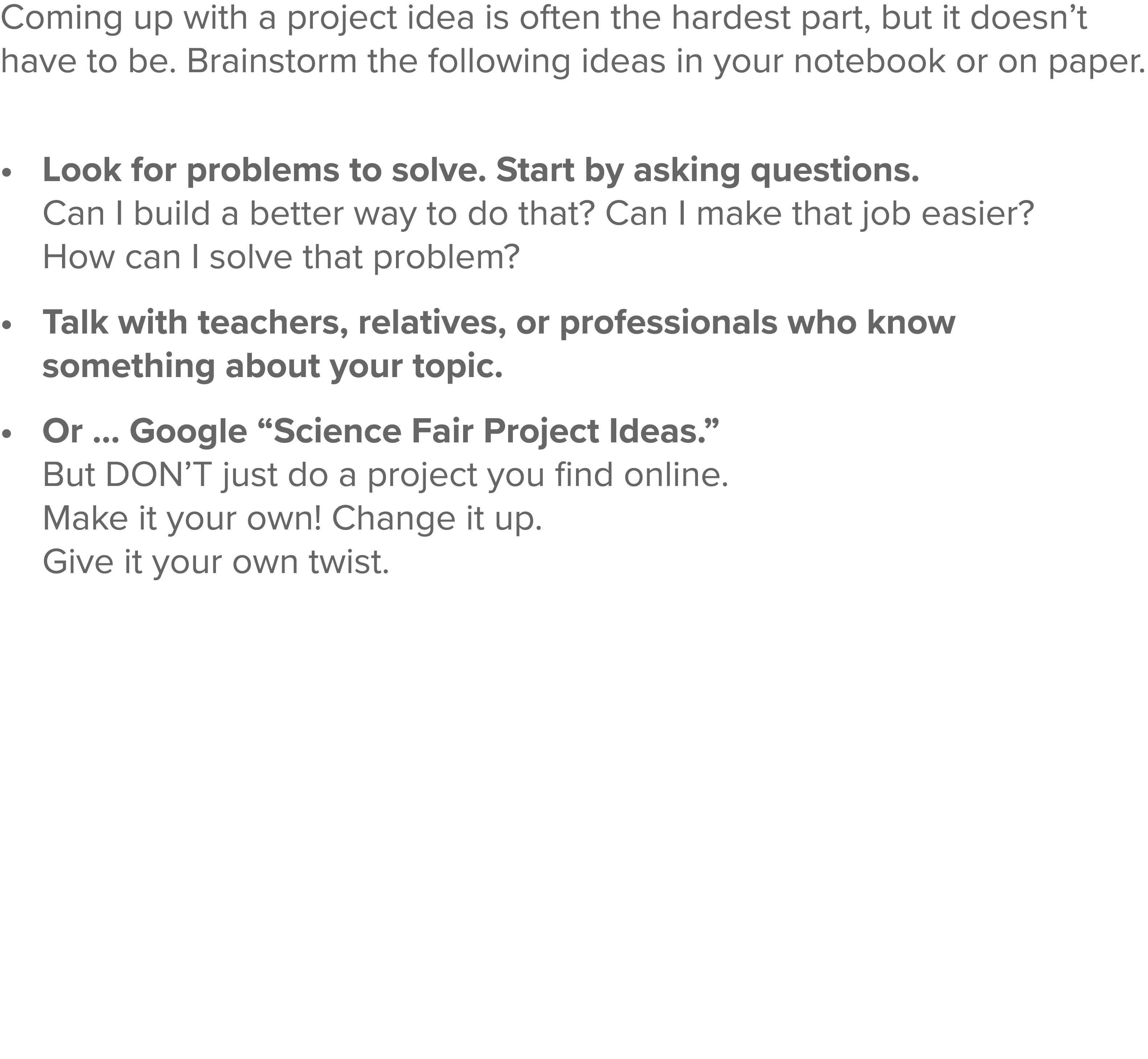 Coming up with a project idea is often the hardest part, but it doesn t have to be  Brainstorm the following ideas in   